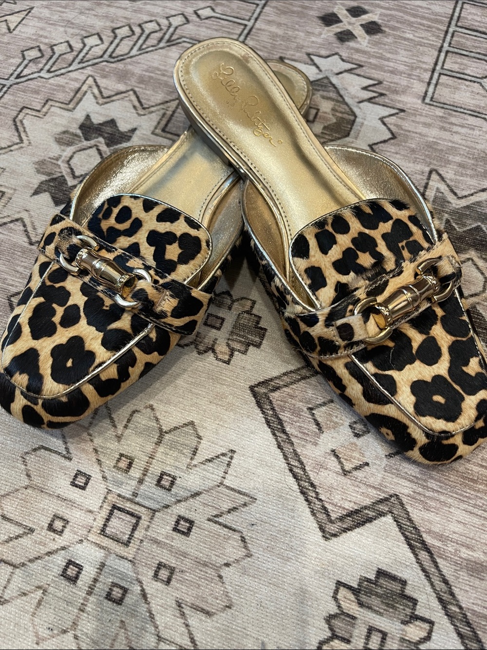 Lilly Pulitzer Bella Vita Leopard-Print Slide Mules with Gold Bit Accents 8 1/2